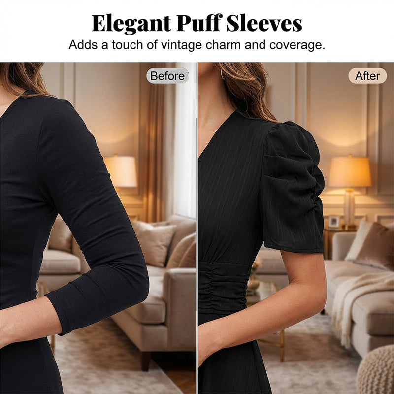 Robe élégante à col en V et taille haute avec manches bouffantes