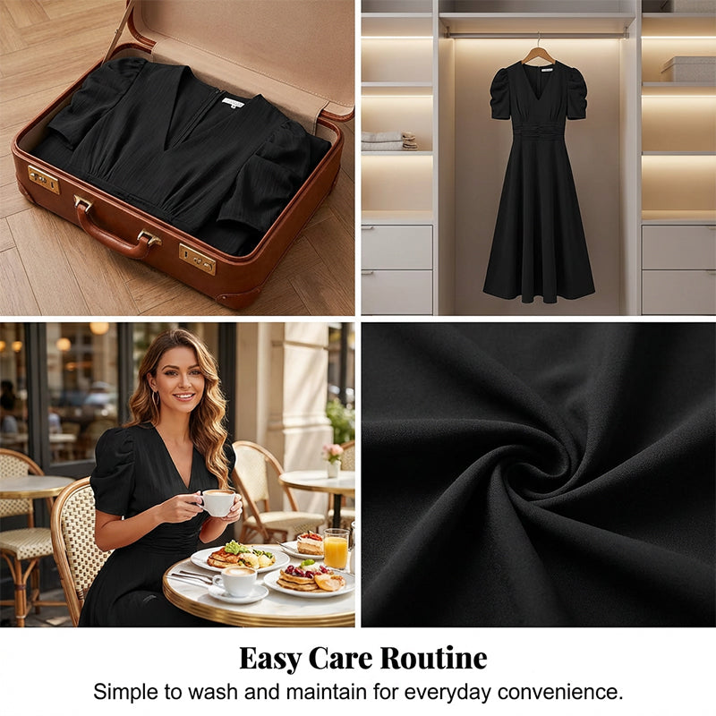 Robe élégante à col en V et taille haute avec manches bouffantes