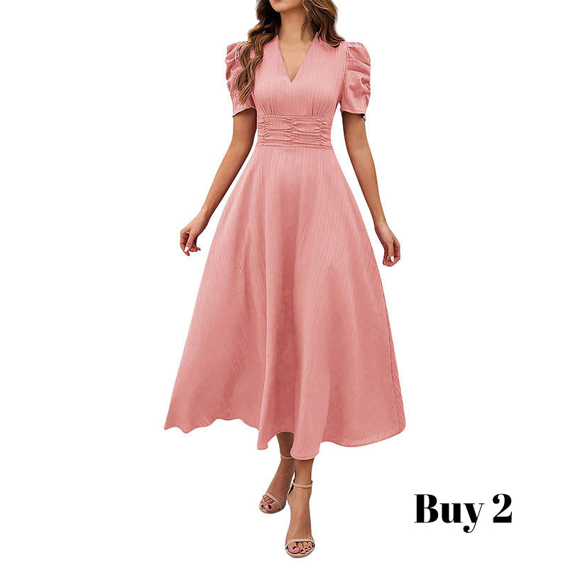 Robe élégante à col en V et taille haute avec manches bouffantes