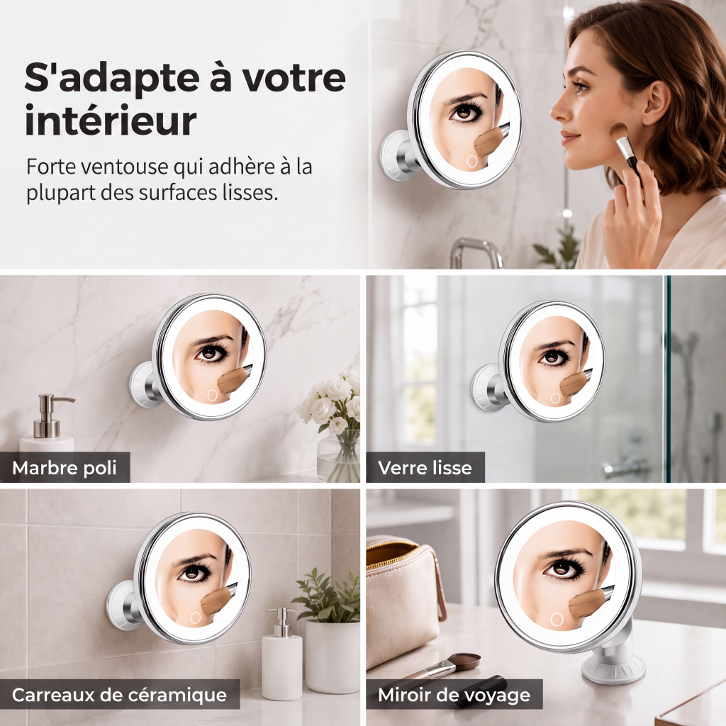💄 50% DE RÉDUCTION! 🔍 Miroir grossissant x10 – LED & ventouse pour maquillage précis ✨