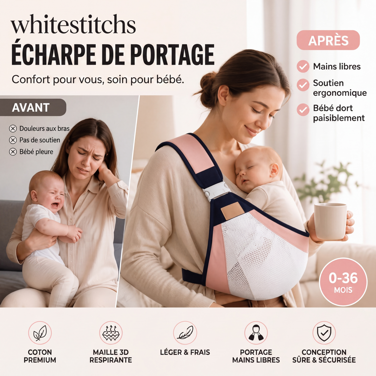 👶💛 50 % DE RÉDUCTION EN CE MOMENT ! Porte-bébé 4 en 1 avec maille respirante – 0 à 36 mois, position ventrale et dorsale – Proche de bébé, les mains libres ✨