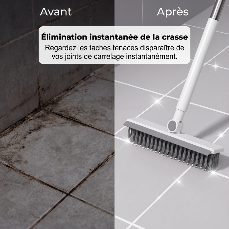 🧹 Brosse de nettoyage 2-en-1 – Poils résistants + raclette en caoutchouc, manche long ergonomique en inox – Tête pivotante 120°, rangement mural – Idéale pour sols, murs et carrelage 🚿✨