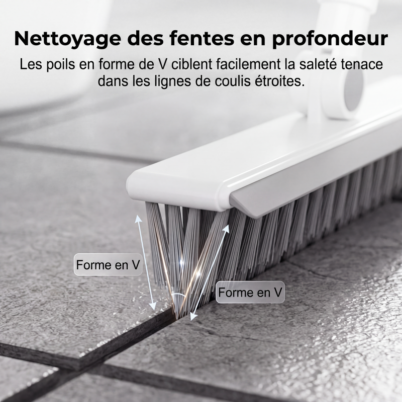 🧹 Brosse de nettoyage 2-en-1 – Poils résistants + raclette en caoutchouc, manche long ergonomique en inox – Tête pivotante 120°, rangement mural – Idéale pour sols, murs et carrelage 🚿✨