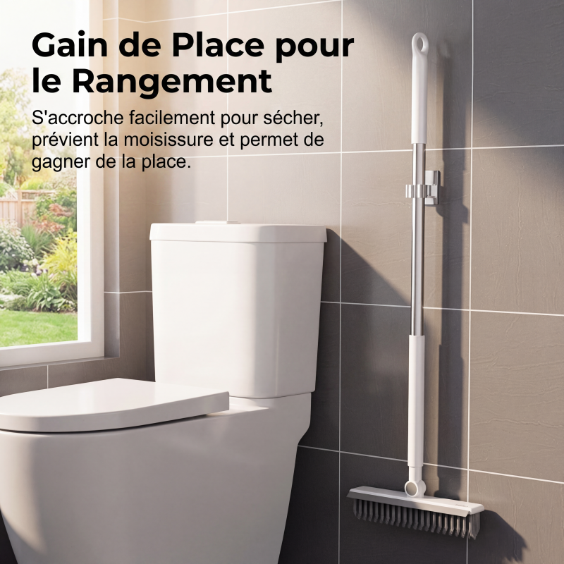 🧹 Brosse de nettoyage 2-en-1 – Poils résistants + raclette en caoutchouc, manche long ergonomique en inox – Tête pivotante 120°, rangement mural – Idéale pour sols, murs et carrelage 🚿✨