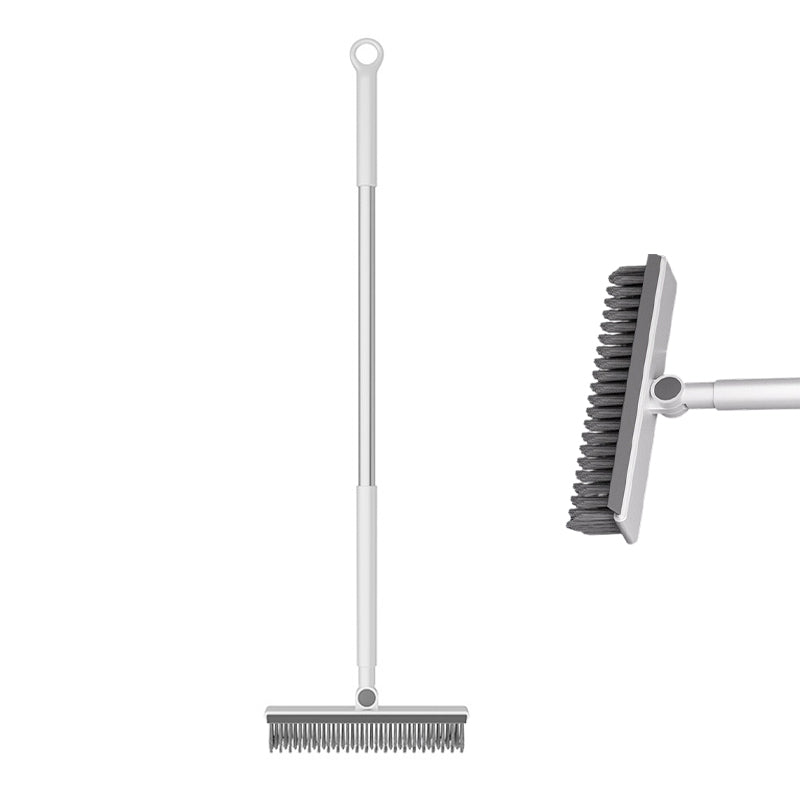 🧹 Brosse de nettoyage 2-en-1 – Poils résistants + raclette en caoutchouc, manche long ergonomique en inox – Tête pivotante 120°, rangement mural – Idéale pour sols, murs et carrelage 🚿✨