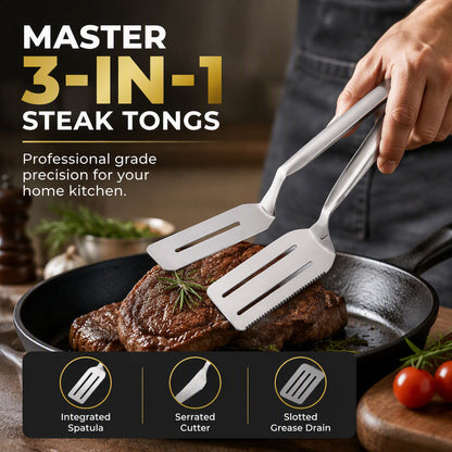 🥩🔥 Pince à steak 3-en-1 en acier inoxydable – Bord tranchant dentelé avec spatule et surface ajourée