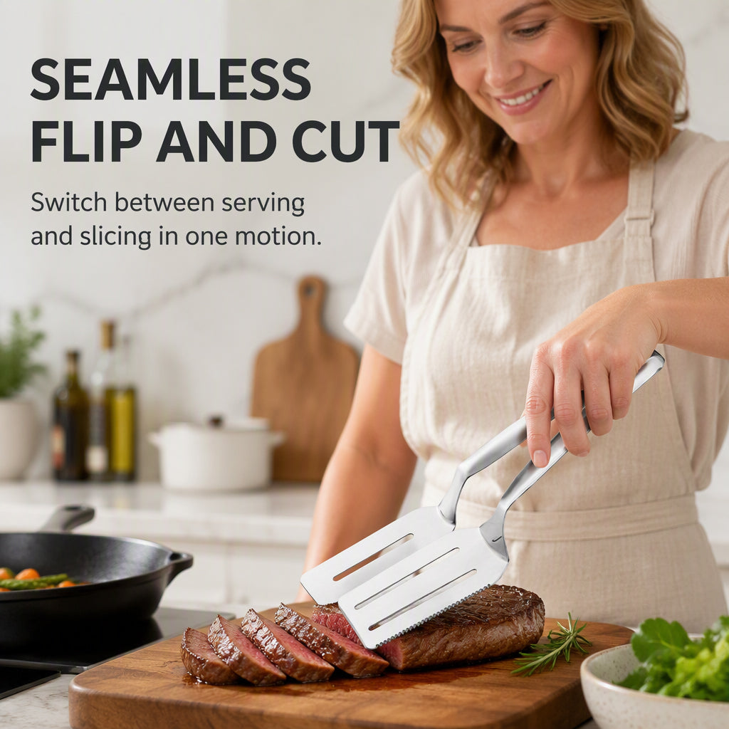 🥩🔥 Pince à steak 3-en-1 en acier inoxydable – Bord tranchant dentelé avec spatule et surface ajourée