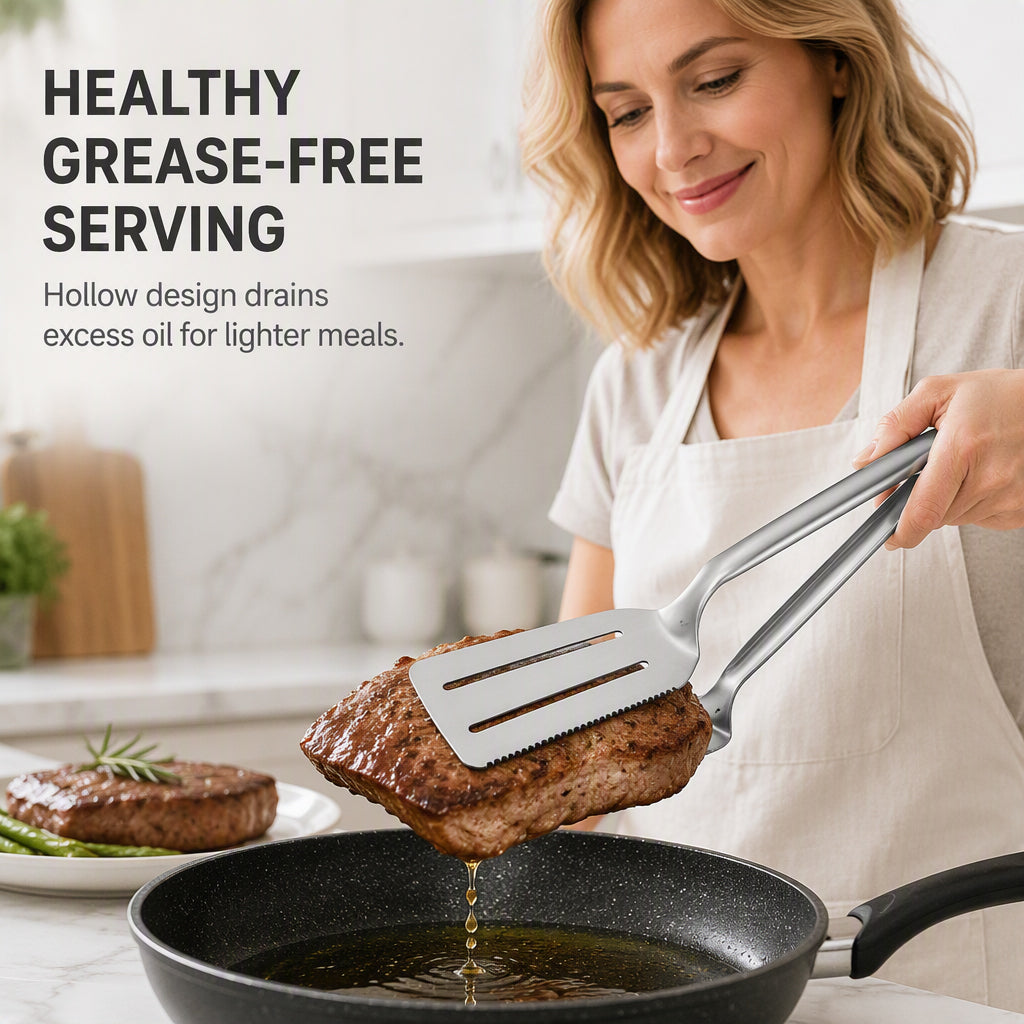 🥩🔥 Pince à steak 3-en-1 en acier inoxydable – Bord tranchant dentelé avec spatule et surface ajourée