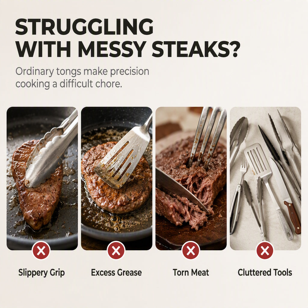 🥩🔥 Pince à steak 3-en-1 en acier inoxydable – Bord tranchant dentelé avec spatule et surface ajourée