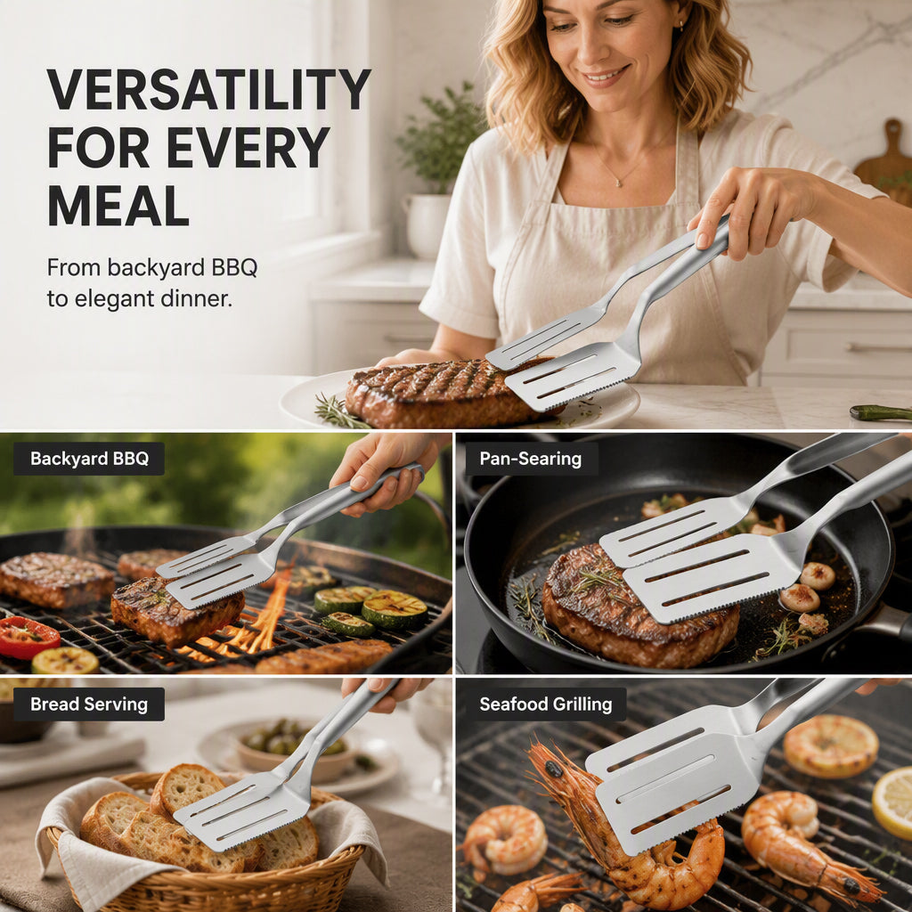 🥩🔥 Pince à steak 3-en-1 en acier inoxydable – Bord tranchant dentelé avec spatule et surface ajourée