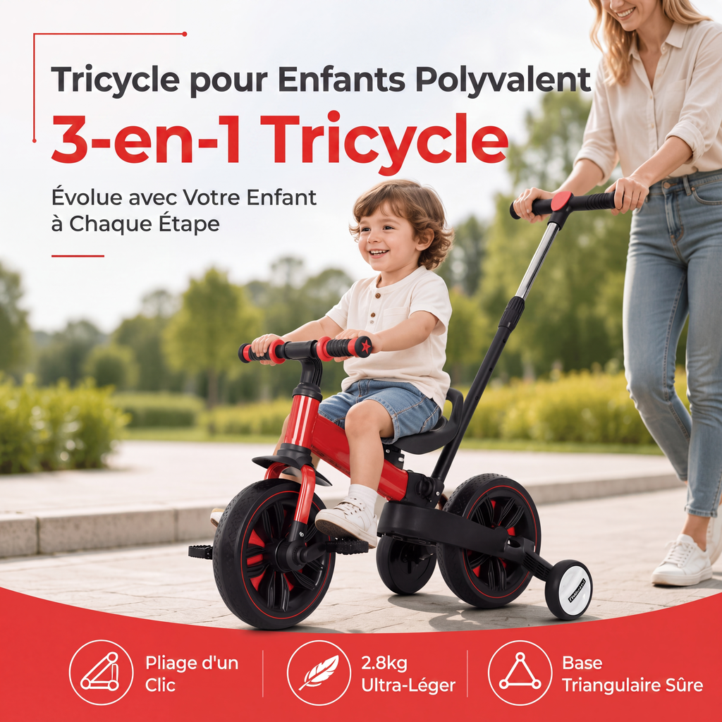 💥 50 % de réduction ! 🚲 Tricycle 3-en-1 pour enfants – poussette, tricycle et draisienne. Léger (2,8 kg) et pliable. Acier au carbone haute résistance, roues en EVA. Pour les enfants de 2 à 6 ans, poids max. 90 kg. Rouge/Bleu/Rose/Jaune 🛡️