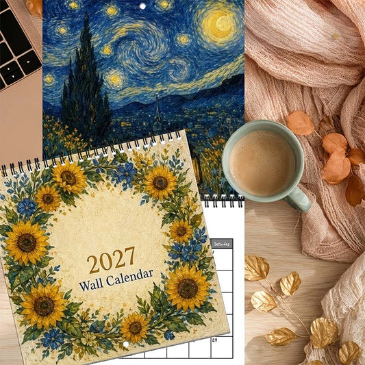 🎨 Calendrier mural artistique 2027 – Motifs floraux inspirés de Van Gogh pour la maison et le bureau