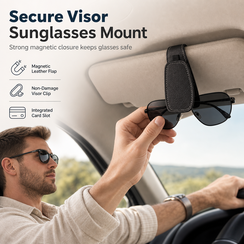 🕶️ OFFRE LIMITÉE -50 % 🚗 Support à lunettes de soleil pour voiture — pince magnétique en cuir, porte-ticket et carte
