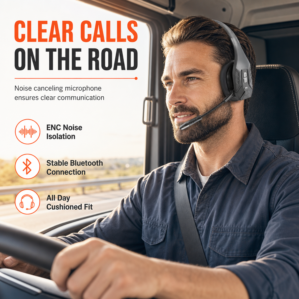 Casque sans fil Bluetooth pour centre d'appels, doté de la technologie ENC (suppression du bruit ambiant) et de l'appairage automatique, destiné au service client et aux chauffeurs routiers