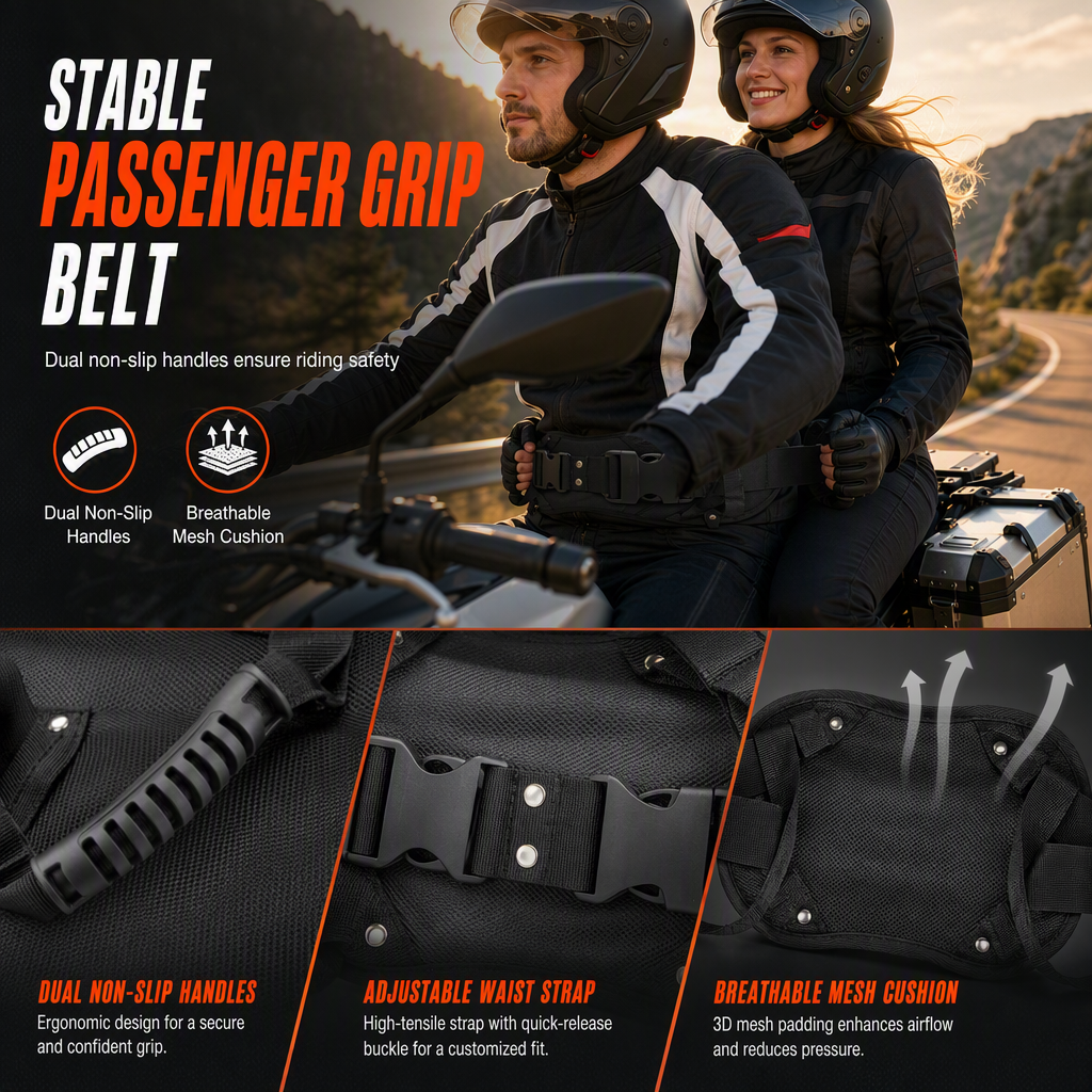 🏍️ PROMO FLASH : 50% DE RÉDUCTION ! Ceinture de Maintien Passager Moto – Poignées Ergonomiques Antidérapantes, Sangle Nylon Haute Ténacité & Boucles Renforcées for une Conduite Sûre et Confortable à Deux ✨🛡️