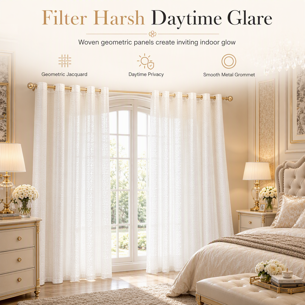 ⏳🔥50 % DE RÉDUCTION POUR UNE DURÉE LIMITÉE ! ⏰✨ Rideau transparent en jacquard géométrique – Filtrant la lumière, élégant, résistant 🕊️
