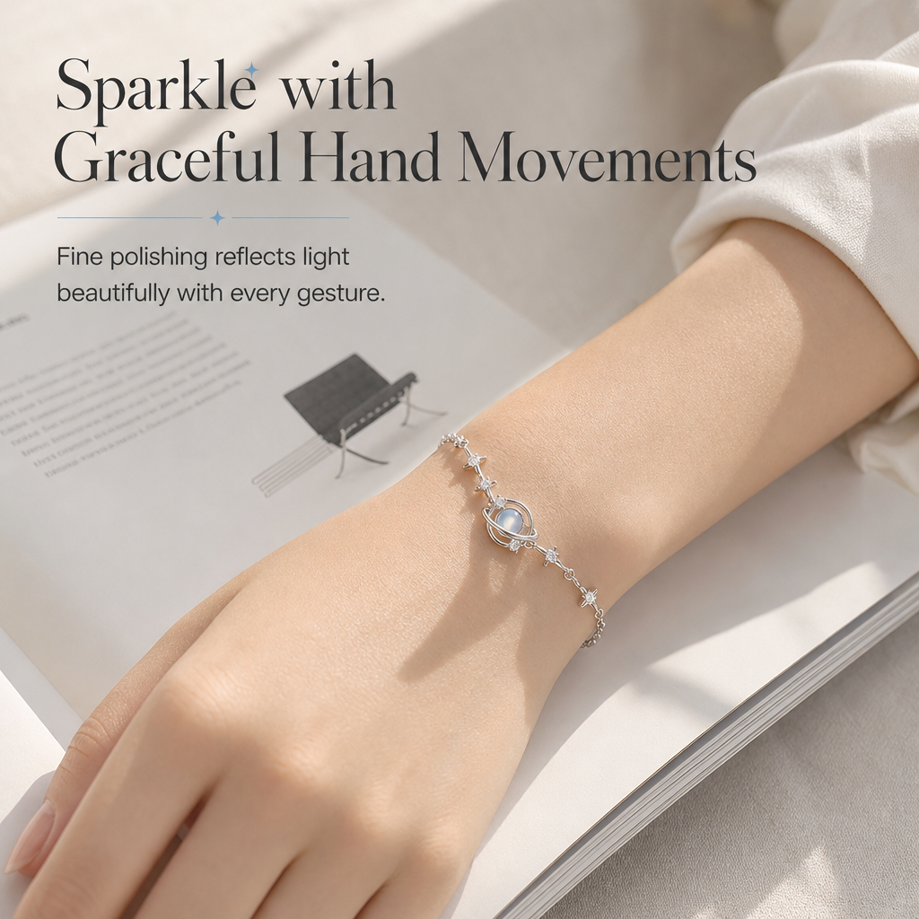 📢📢50% DE RÉDUCTION !! ⏰Bracelet Planète & Étoile en Argent 925 – Pavé de Cristaux Zircon, Chaîne Ajustable & Hypoallergénique for un Bijou Poétique Céleste au Quotidien ✨