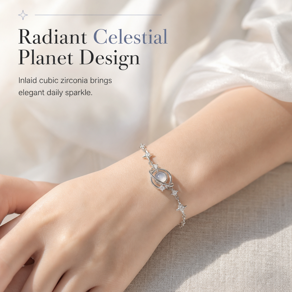 📢📢50% DE RÉDUCTION !! ⏰Bracelet Planète & Étoile en Argent 925 – Pavé de Cristaux Zircon, Chaîne Ajustable & Hypoallergénique for un Bijou Poétique Céleste au Quotidien ✨