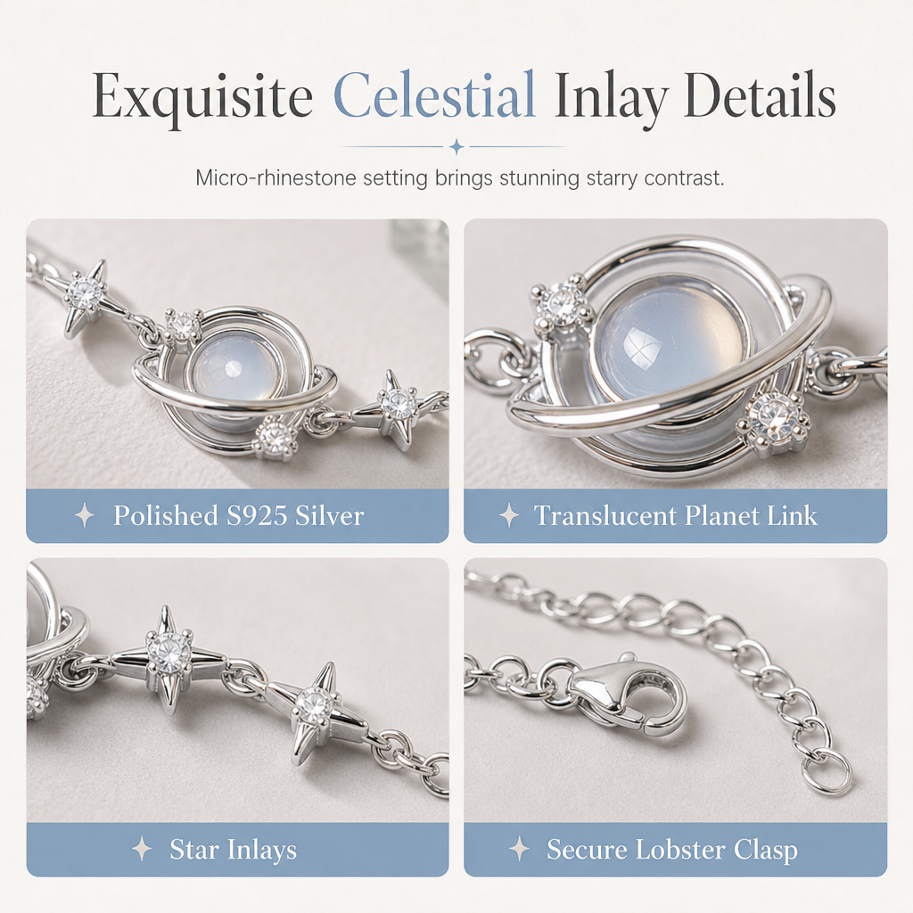 📢📢50% DE RÉDUCTION !! ⏰Bracelet Planète & Étoile en Argent 925 – Pavé de Cristaux Zircon, Chaîne Ajustable & Hypoallergénique for un Bijou Poétique Céleste au Quotidien ✨