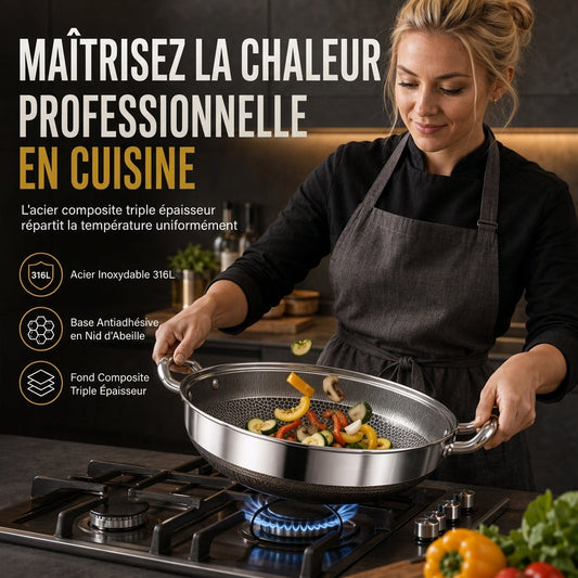⏳Offre spéciale à durée limitée⏰ Wok antiadhésif en acier inoxydable épaissi avec couvercle, poêle à frire à fond plat avec double poignées