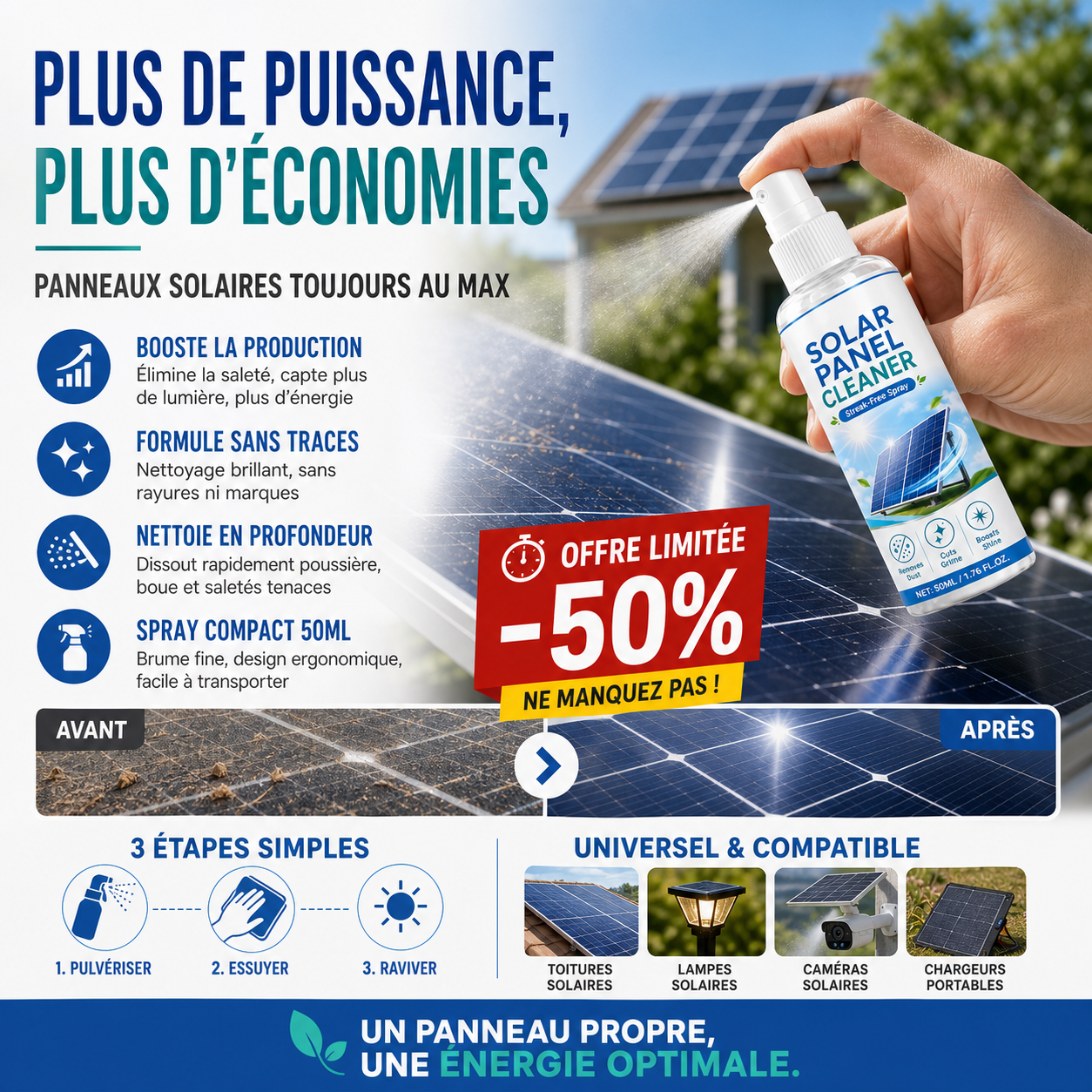 🛒 50 % DE RÉDUCTION EN CE MOMENT ! ☀️ Spray nettoyant avancé pour panneaux solaires – Élimine efficacement la saleté et améliore le rendement énergétique – Produit d'extérieur facile à utiliser 💧