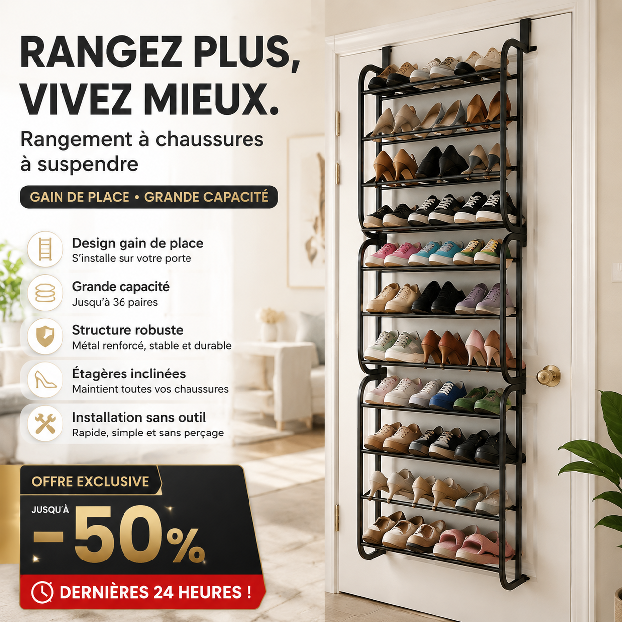 👟🔥 -50% ! Organisateur Chaussures Suspendu Porte – Jusqu'à 36 Paires Métal Robuste Stable, Étagères Inclinées Anti-Glissement Talons Bottes Baskets, Installation Sans Outils Secondes · 3 Coloris · 4-8-12 Étages ✨